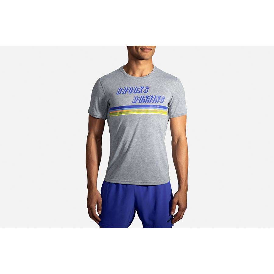 Brooks Distance Graphic Hardloopshirt Korte Mouwen Grijs/Blauw/Geel Heren