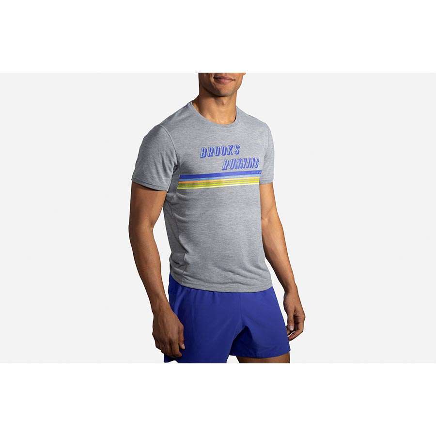 Brooks Distance Graphic Hardloopshirt Korte Mouwen Grijs/Blauw/Geel Heren