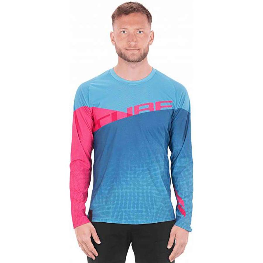 Cube Edge Round Neck MTB Fietsshirt Lange Mouwen Blauw/Roze Heren