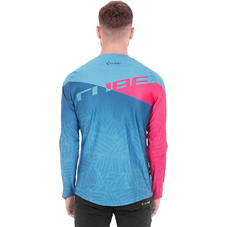 Cube Edge Round Neck MTB Fietsshirt Lange Mouwen Blauw/Roze Heren