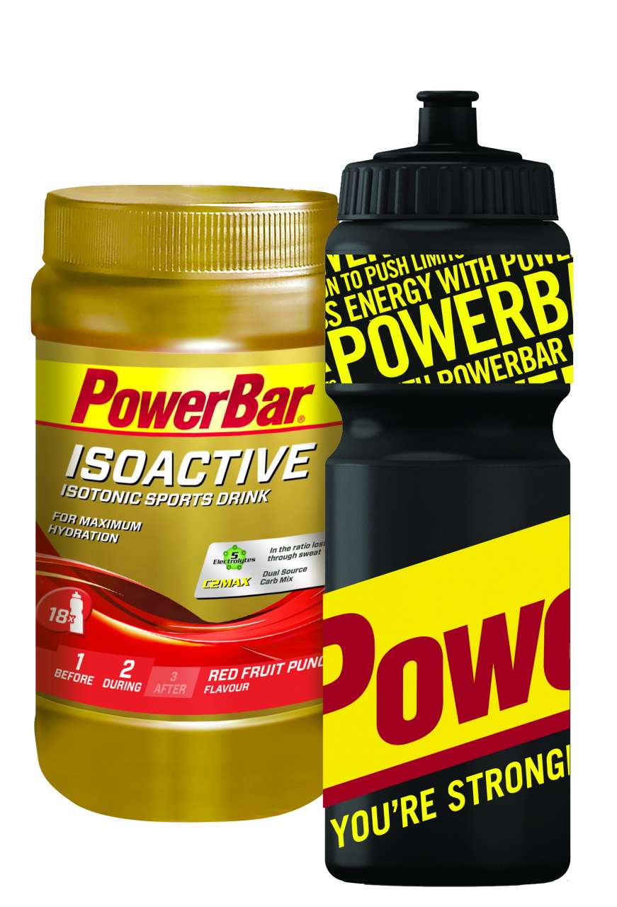 PowerBar Isoactive Rode Vruchten Isotone Sportdrank 600g met Bidon Zwart