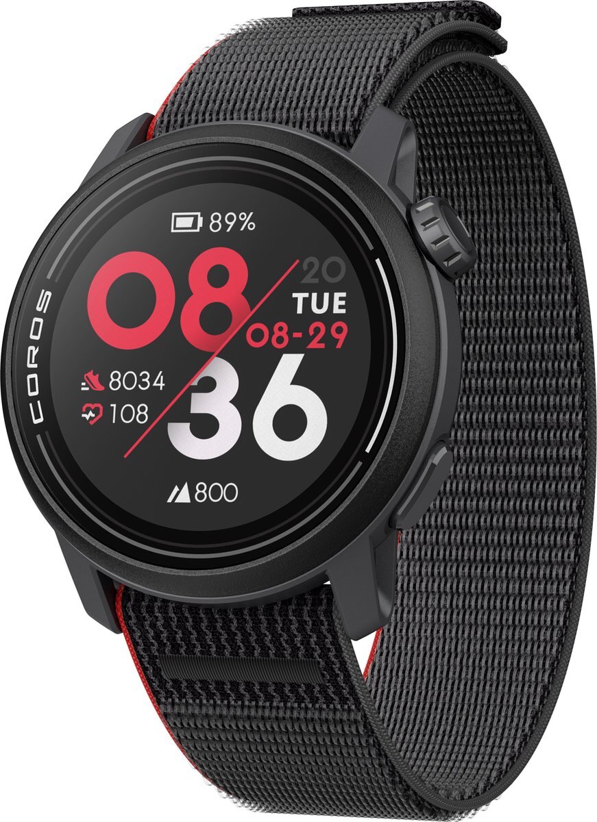 Coros Pace 3 GPS Sporthorloge Zwart/Rood met Nylon Band